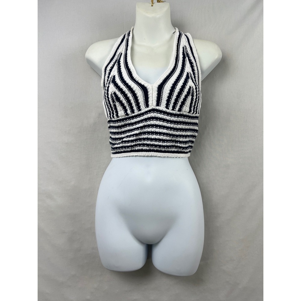 Hollister Halter Top Womens XS Navy White Striped Knit Crochet Style Crop V-Neck